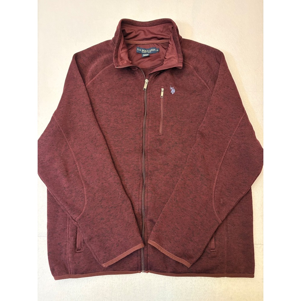 US Polo Assn Mens XXL Full Zip Sweater Jacket Burgundy Marl Fleece Lined Mock
